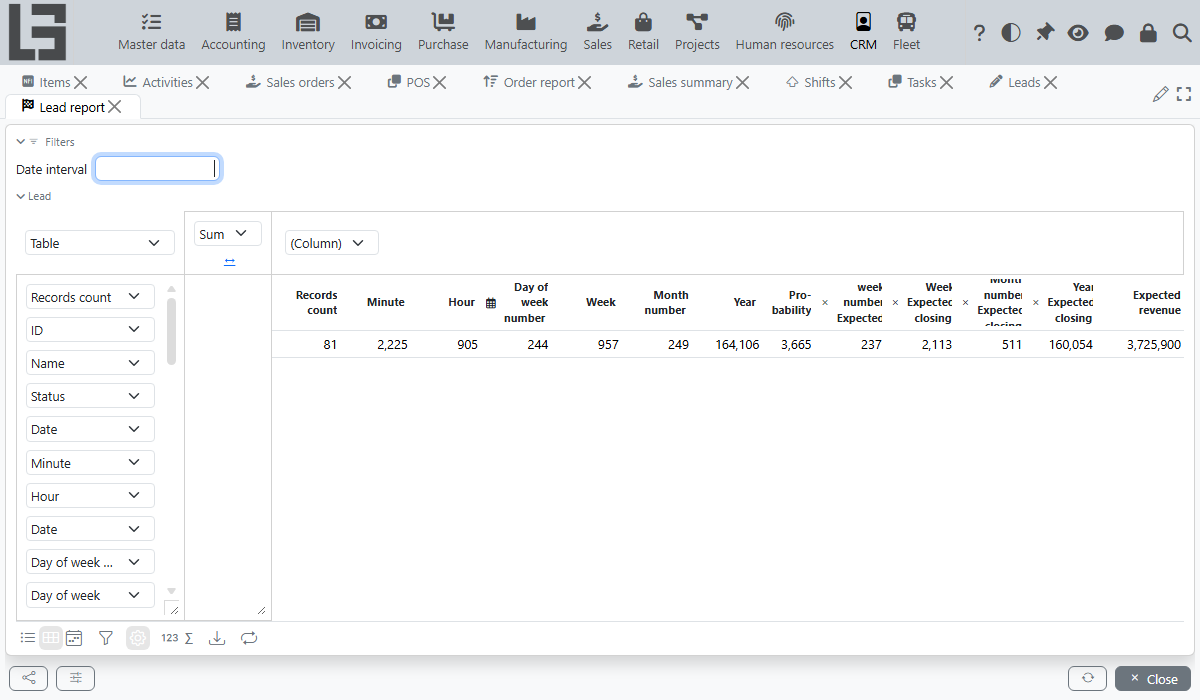 Flexible lead report in MyCompany CRM with pivot dimensions and sales measures