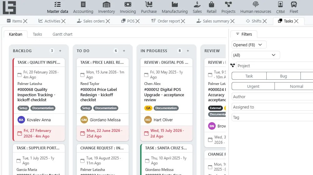 Current MyCompany project task Kanban board with filters